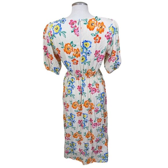 F&F Dress US Size 8 Ivory Colorful Floral Puff Sleeve Midi Waist Cut Out Summer - Picture 4 of 7